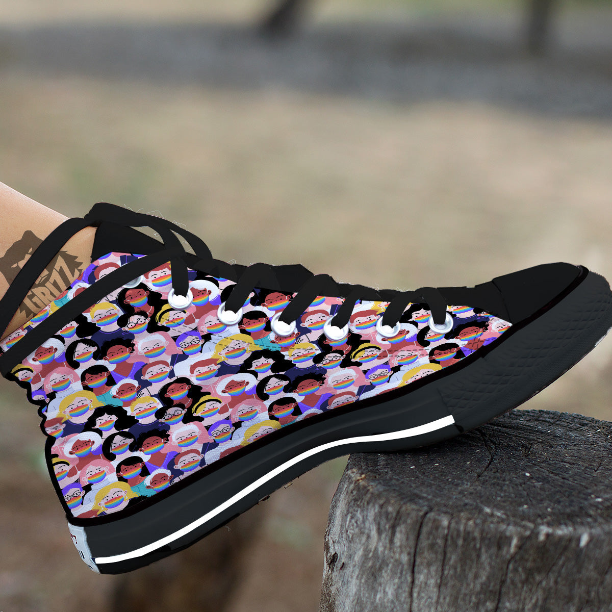 People And Rainbow Face Masks Print Pattern Black High Top Shoes-grizzshop