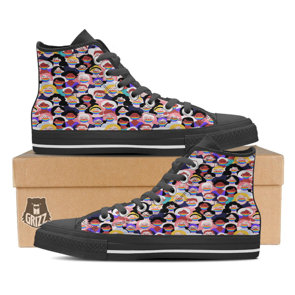 People And Rainbow Face Masks Print Pattern Black High Top Shoes-grizzshop