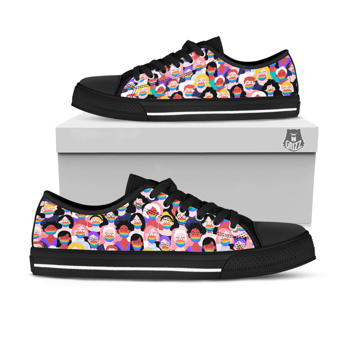 People And Rainbow Face Masks Print Pattern Black Low Top Shoes-grizzshop