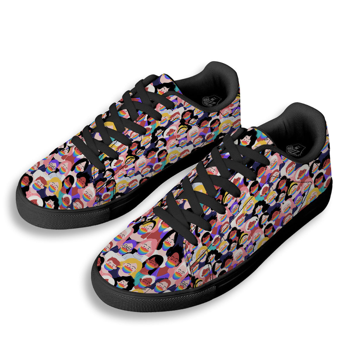 People And Rainbow Face Masks Print Pattern Black Low Top Sneakers-grizzshop