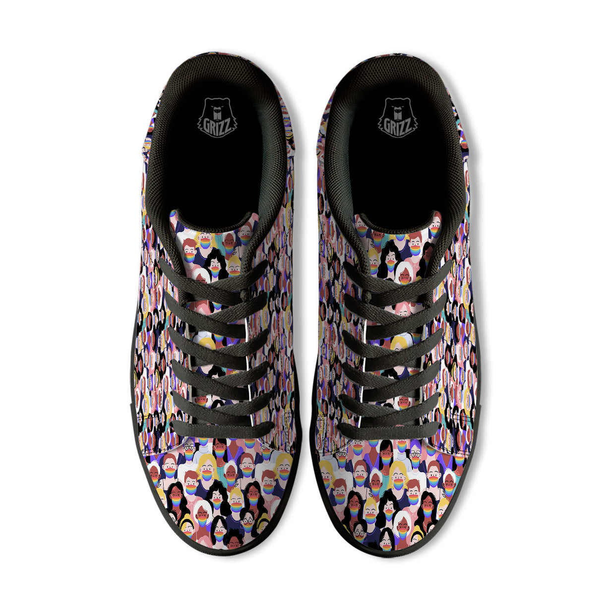 People And Rainbow Face Masks Print Pattern Black Low Top Sneakers-grizzshop