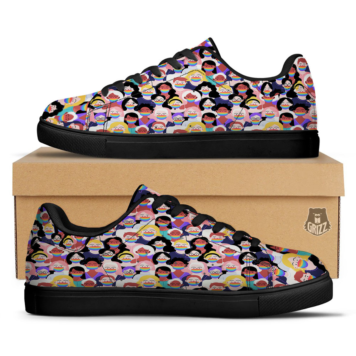 People And Rainbow Face Masks Print Pattern Black Low Top Sneakers-grizzshop