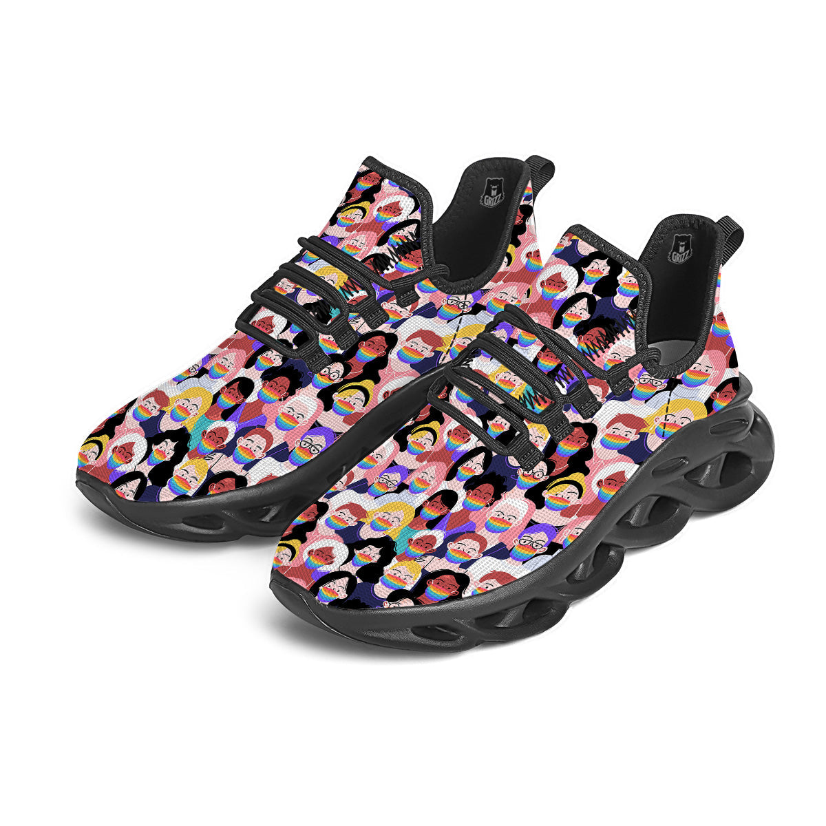 People And Rainbow Face Masks Print Pattern Black Running Shoes-grizzshop