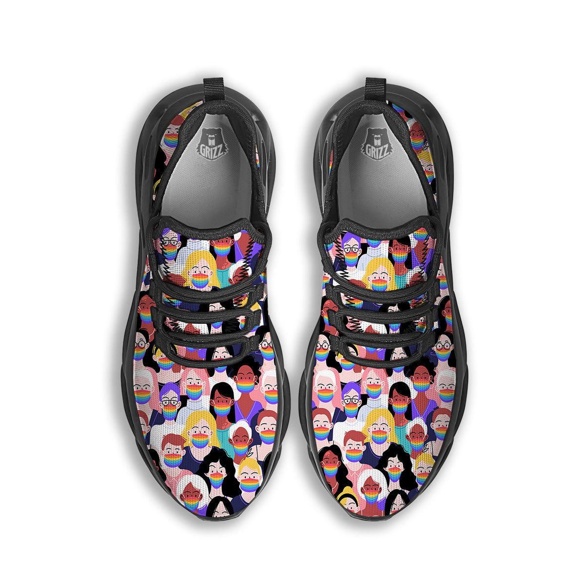 People And Rainbow Face Masks Print Pattern Black Running Shoes-grizzshop