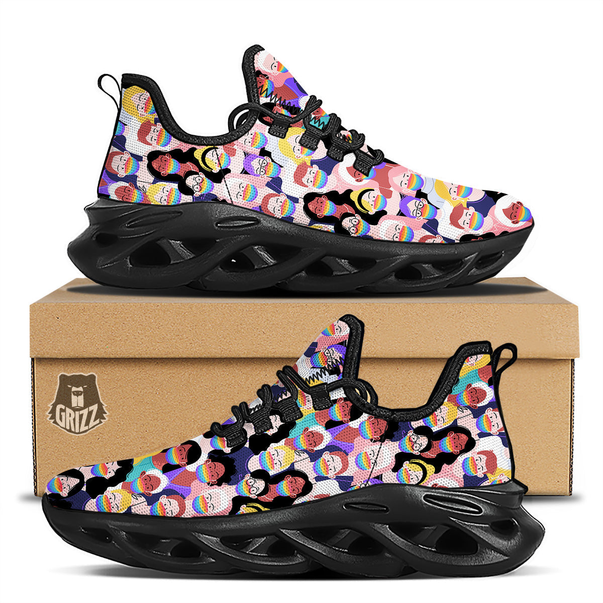 People And Rainbow Face Masks Print Pattern Black Running Shoes-grizzshop