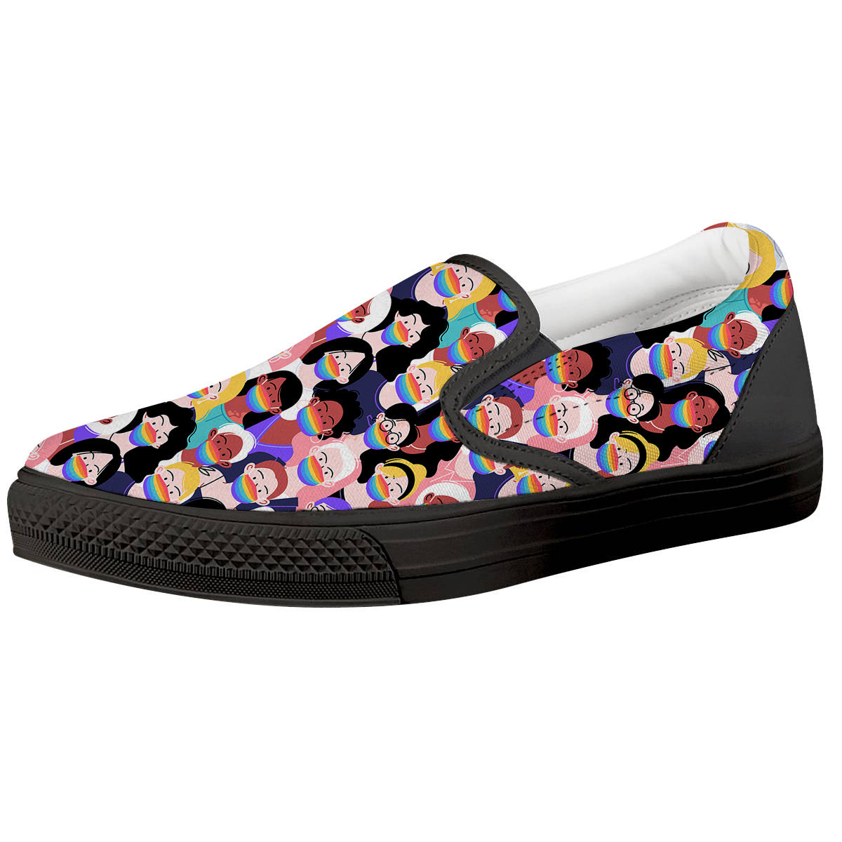 People And Rainbow Face Masks Print Pattern Black Slip On Shoes-grizzshop