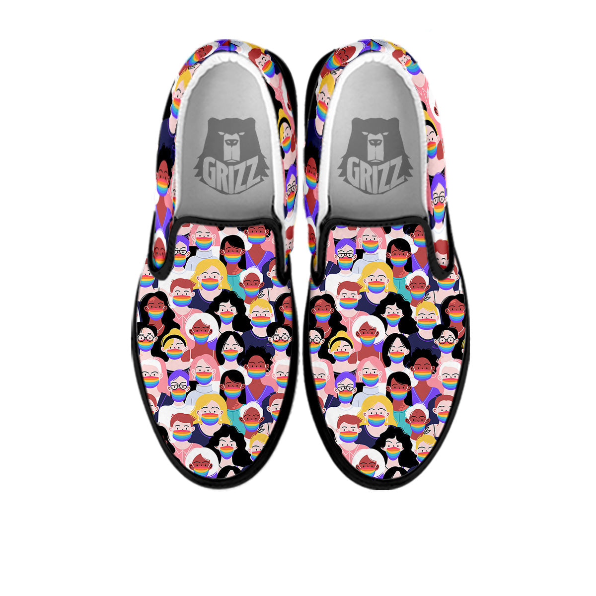 People And Rainbow Face Masks Print Pattern Black Slip On Shoes-grizzshop
