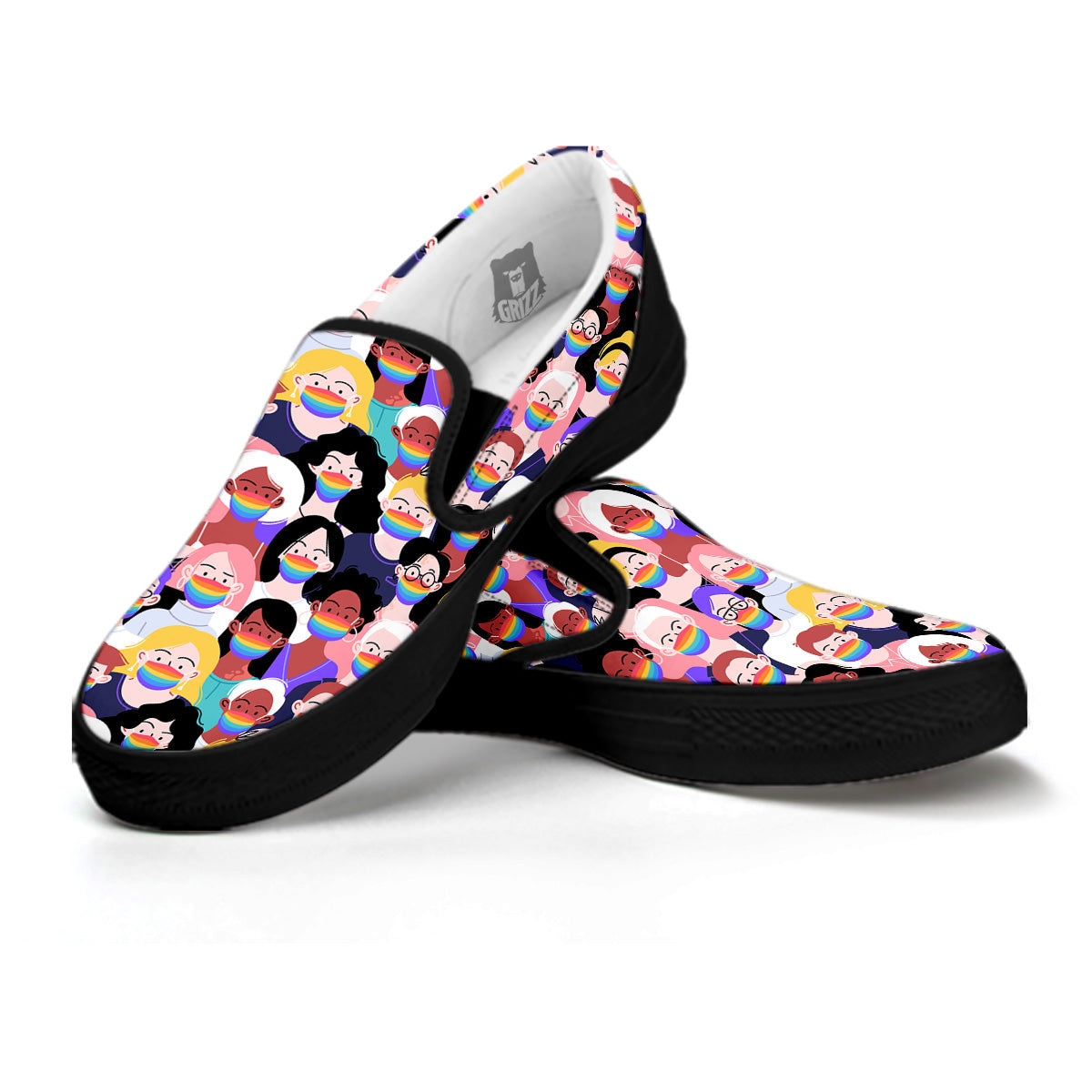 People And Rainbow Face Masks Print Pattern Black Slip On Shoes-grizzshop