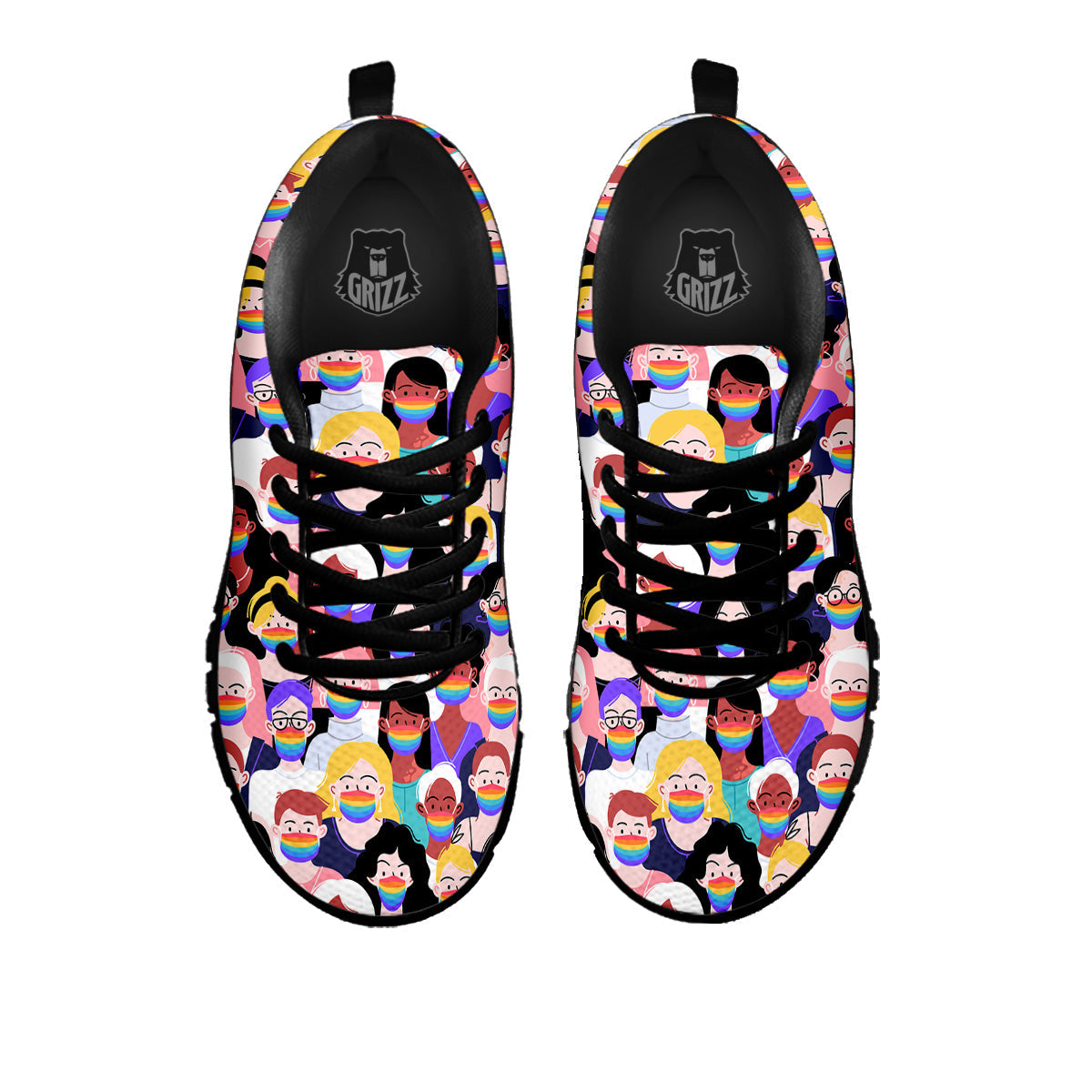 People And Rainbow Face Masks Print Pattern Black Sneaker-grizzshop