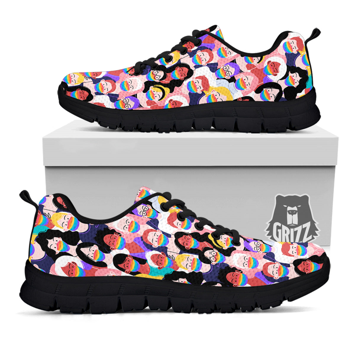 People And Rainbow Face Masks Print Pattern Black Sneaker-grizzshop