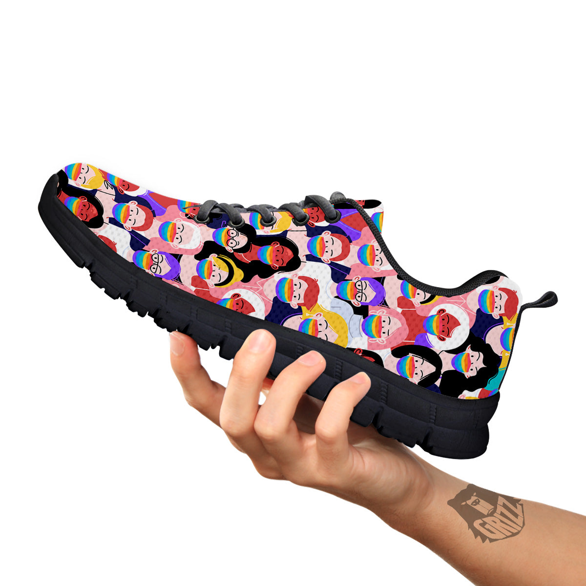 People And Rainbow Face Masks Print Pattern Black Sneaker-grizzshop