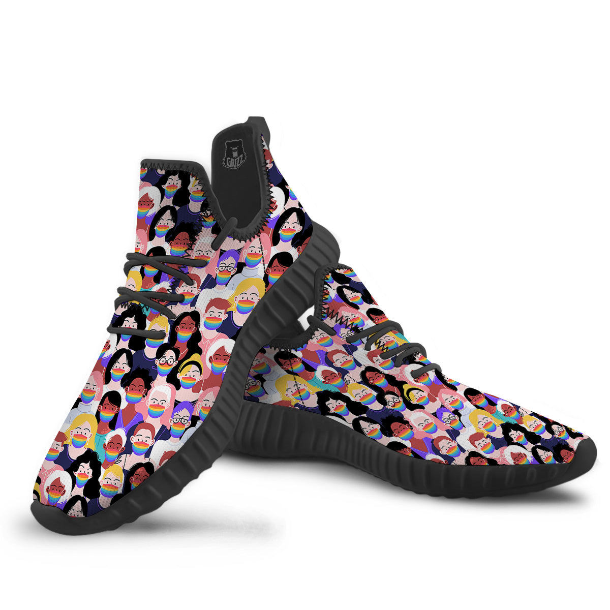 People And Rainbow Face Masks Print Pattern Black Walking Shoes-grizzshop