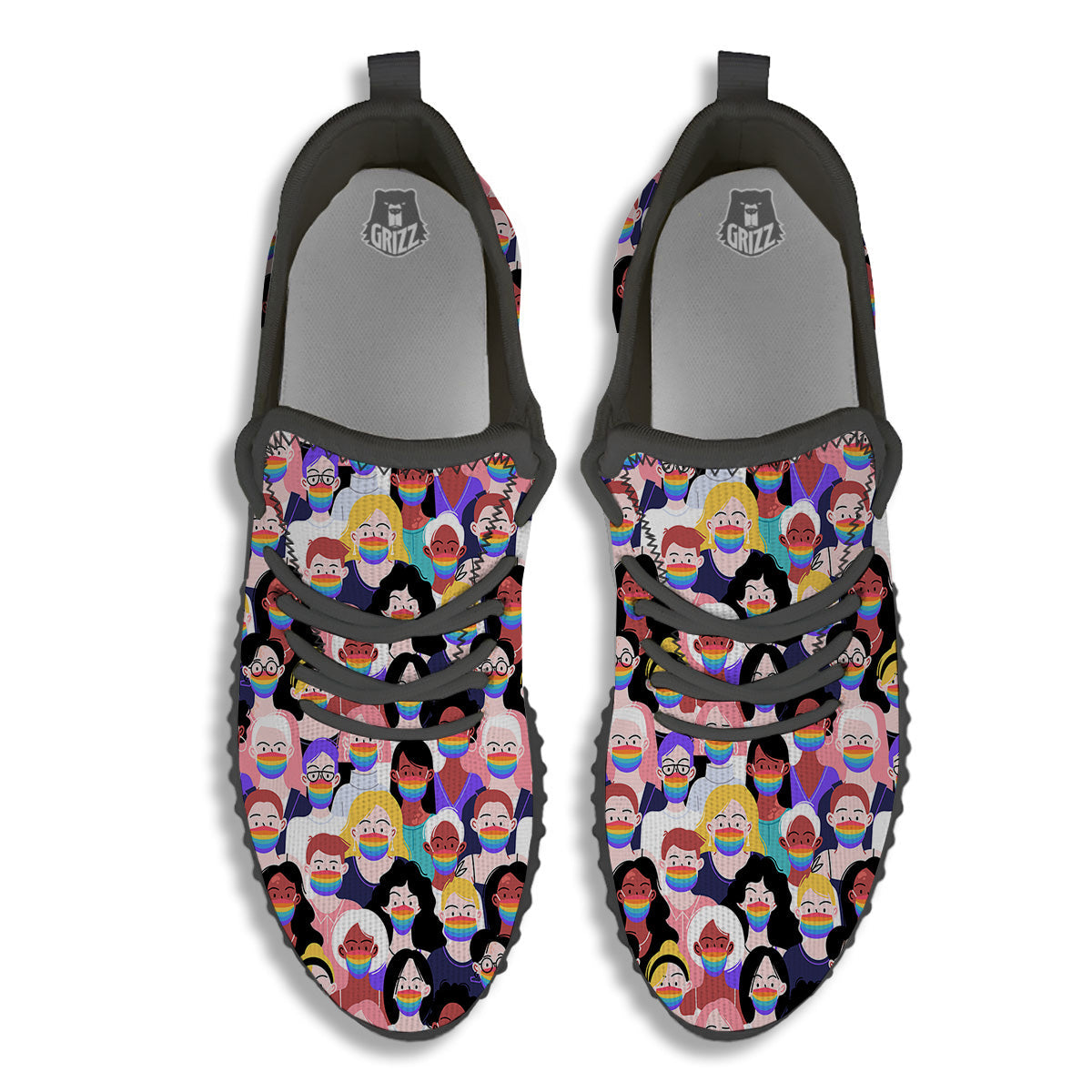 People And Rainbow Face Masks Print Pattern Black Walking Shoes-grizzshop