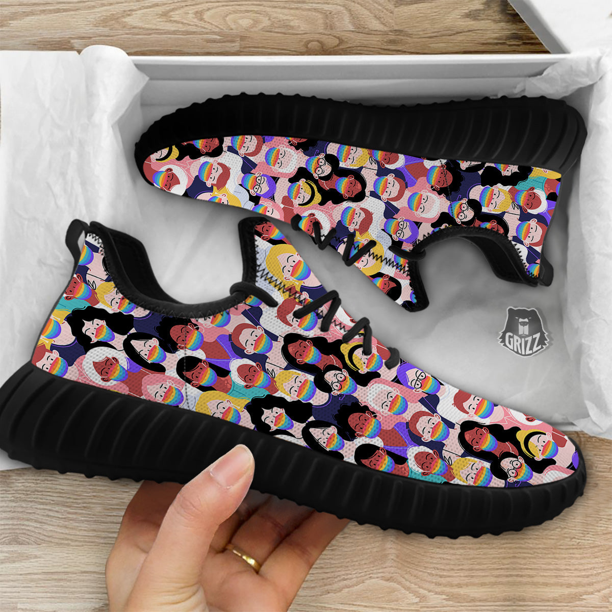 People And Rainbow Face Masks Print Pattern Black Walking Shoes-grizzshop