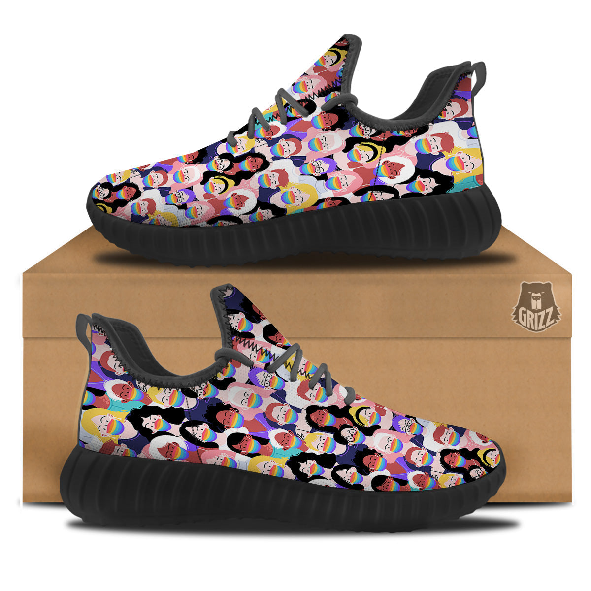 People And Rainbow Face Masks Print Pattern Black Walking Shoes-grizzshop