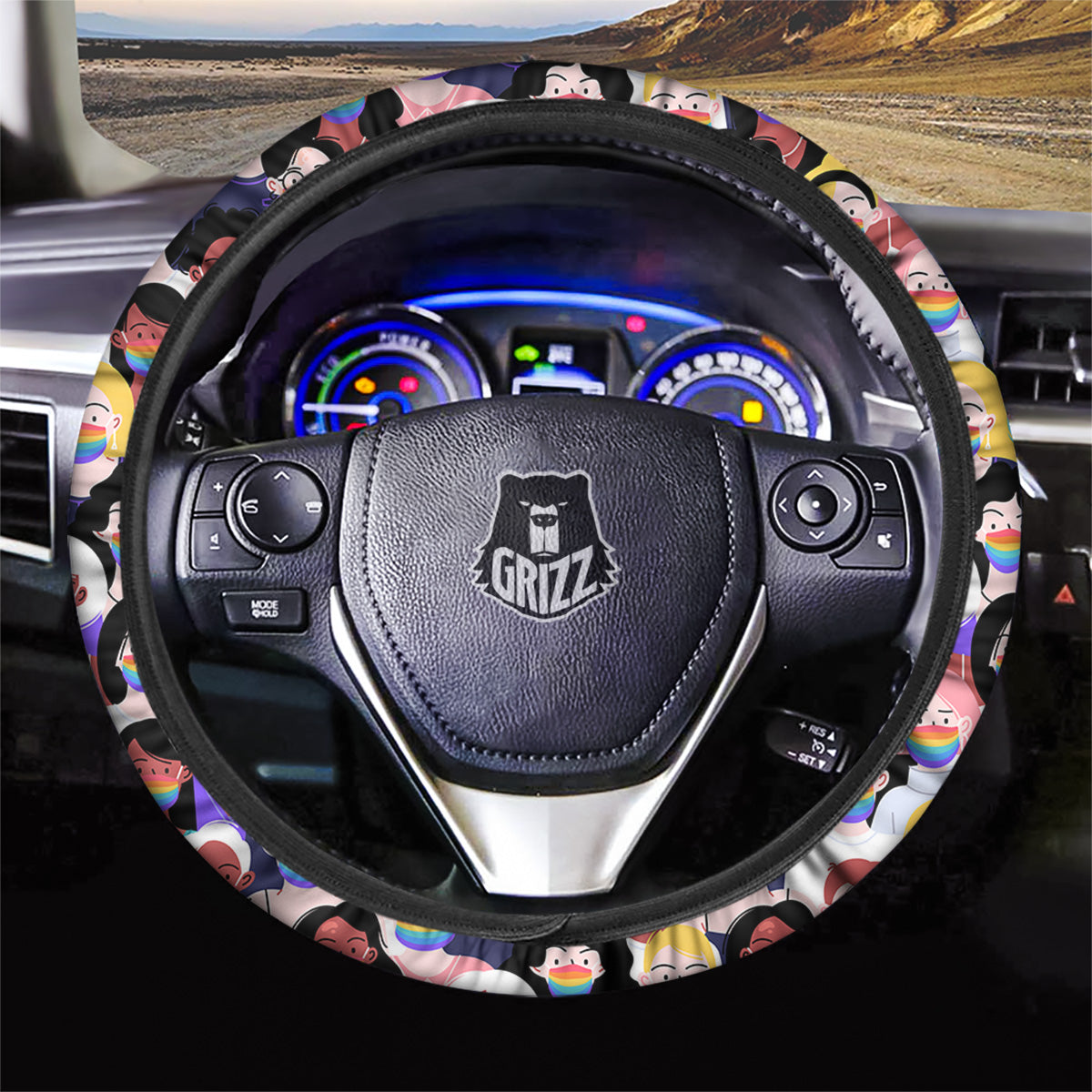 People And Rainbow Face Masks Print Pattern Car Steering Wheel Cover-grizzshop