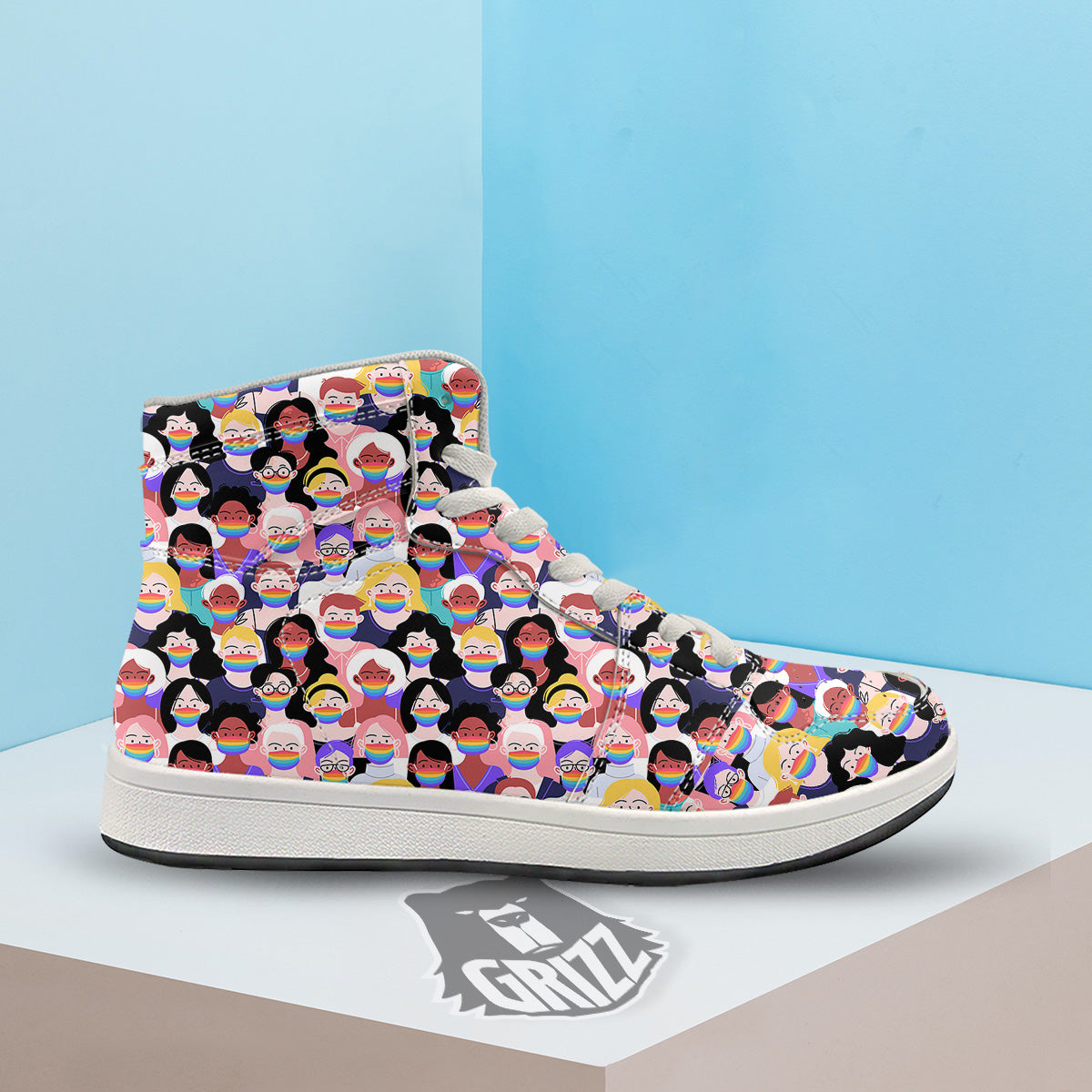 People And Rainbow Face Masks Print Pattern High Top Sneakers-grizzshop