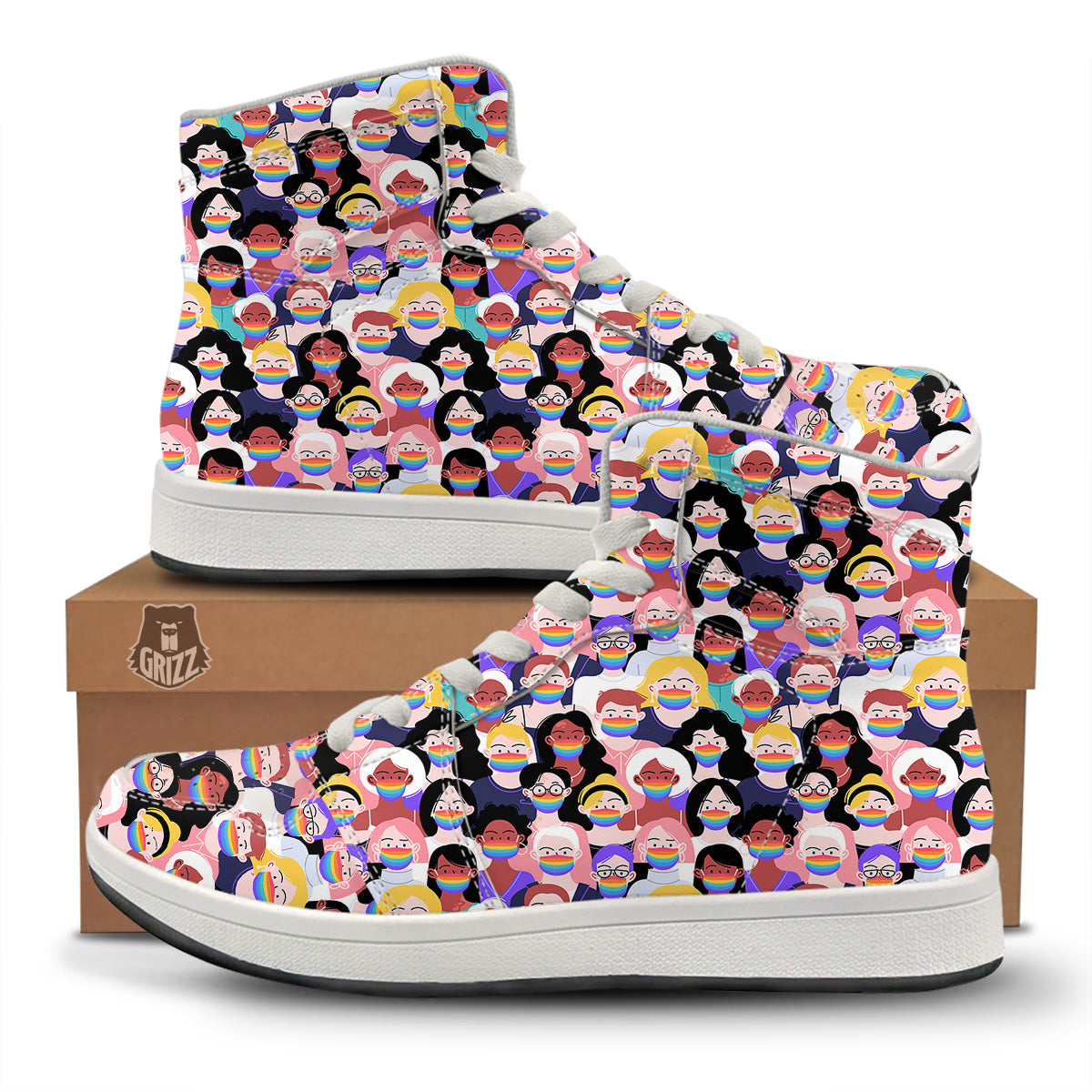 People And Rainbow Face Masks Print Pattern High Top Sneakers-grizzshop