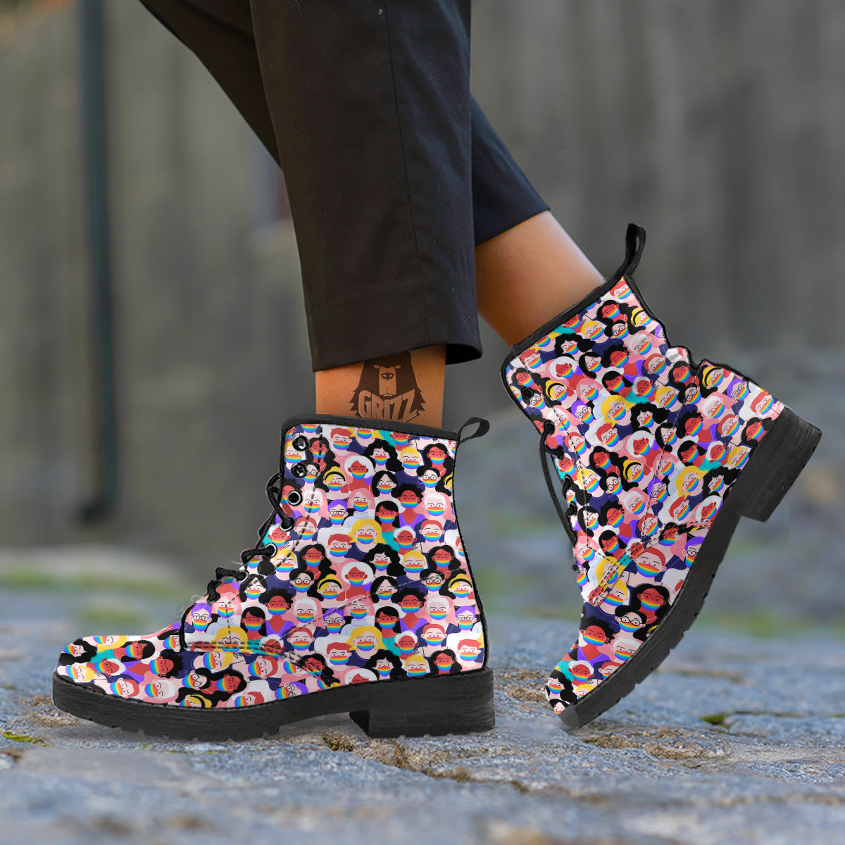 People And Rainbow Face Masks Print Pattern Leather Boots-grizzshop