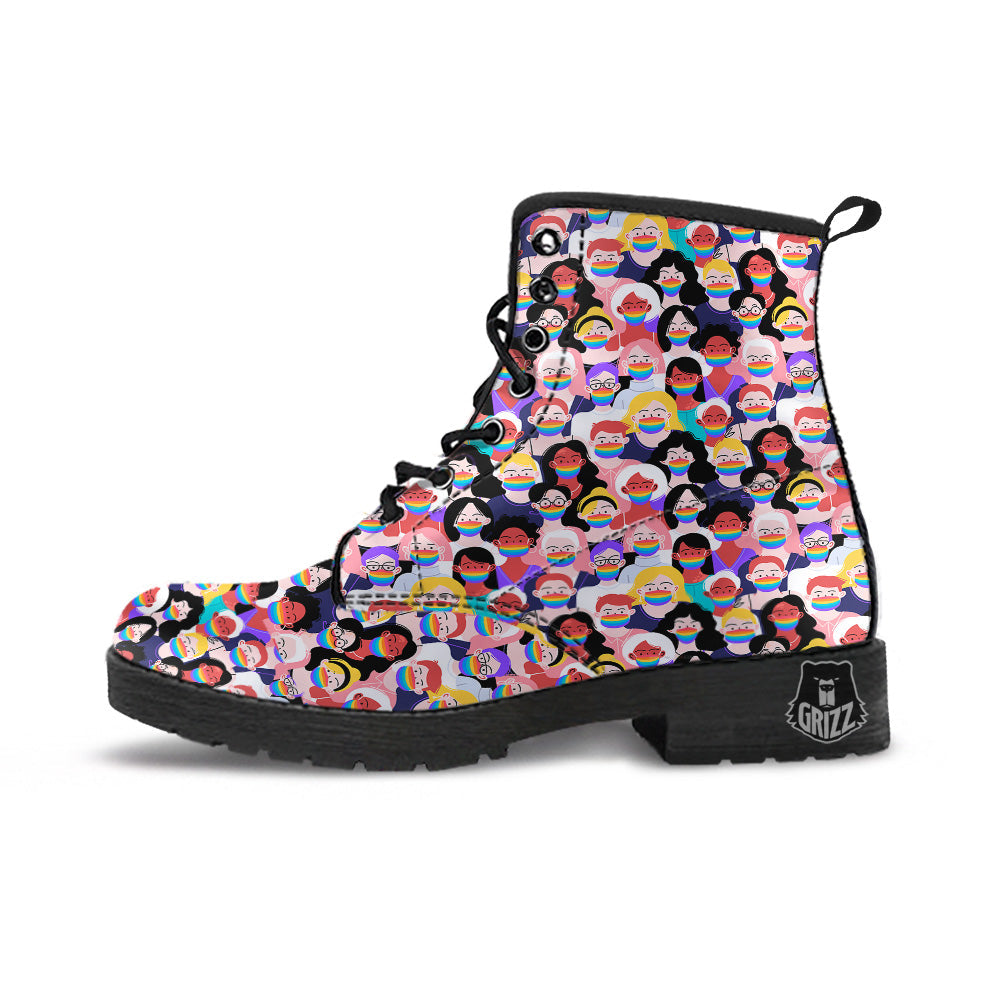 People And Rainbow Face Masks Print Pattern Leather Boots-grizzshop