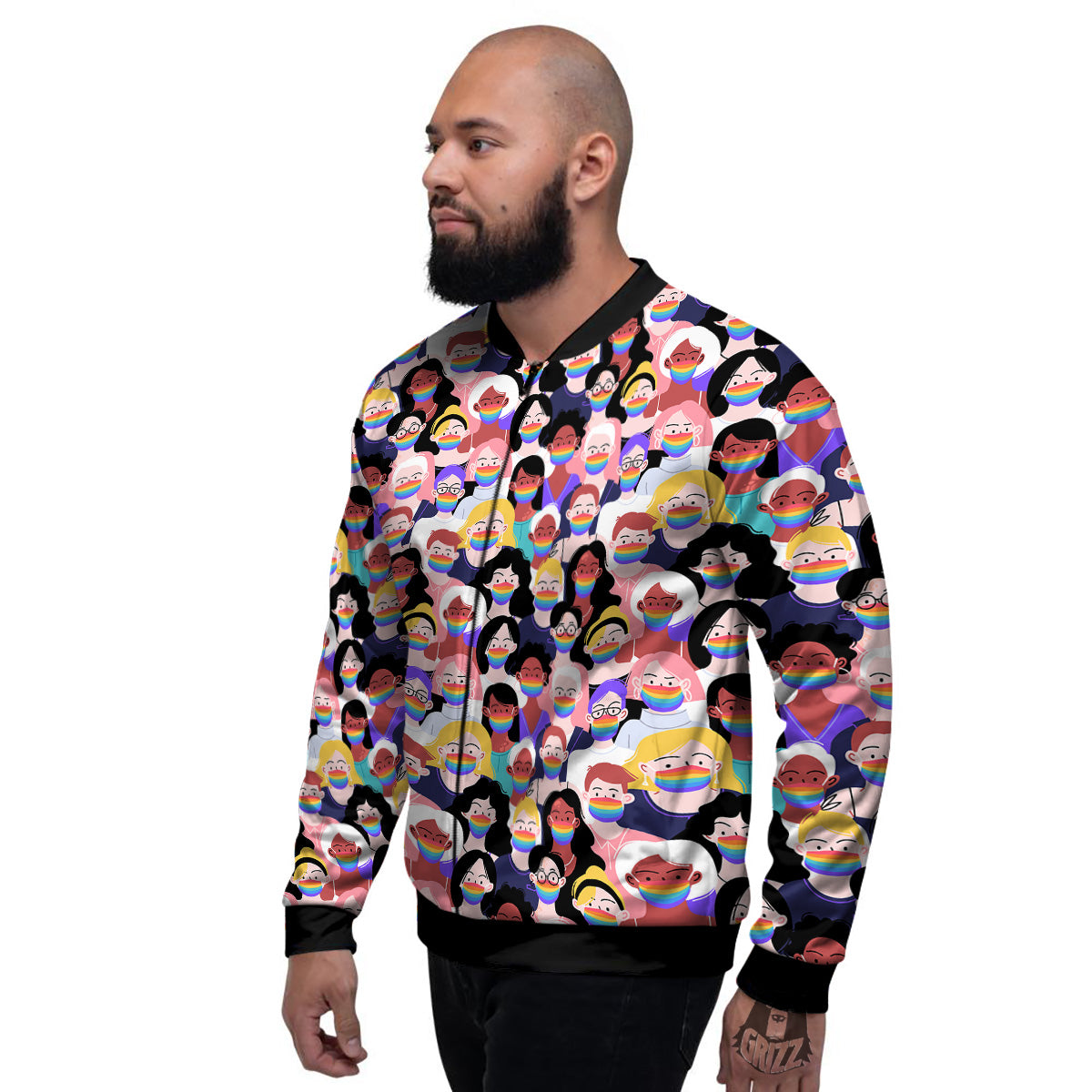 People And Rainbow Face Masks Print Pattern Men's Bomber Jacket-grizzshop