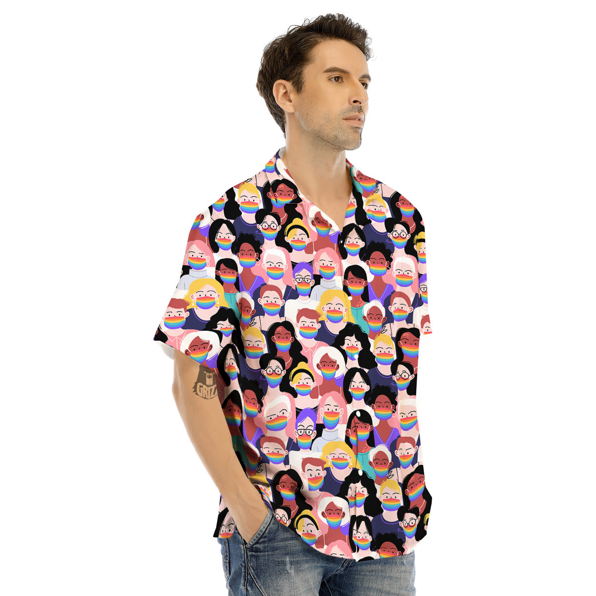 People And Rainbow Face Masks Print Pattern Men's Hawaiian Shirt-grizzshop