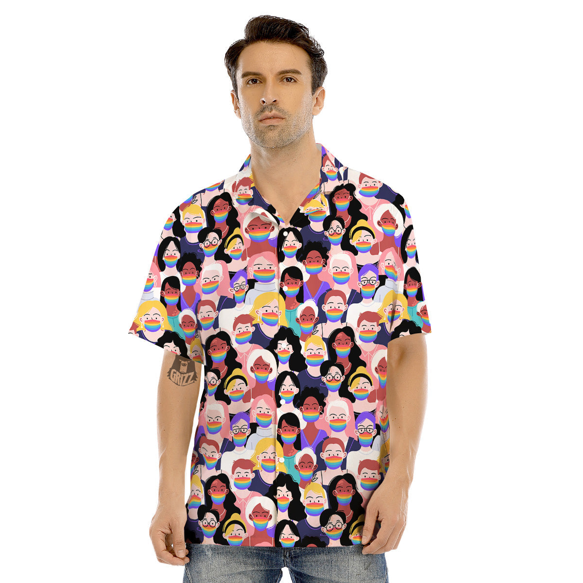 People And Rainbow Face Masks Print Pattern Men's Hawaiian Shirt-grizzshop