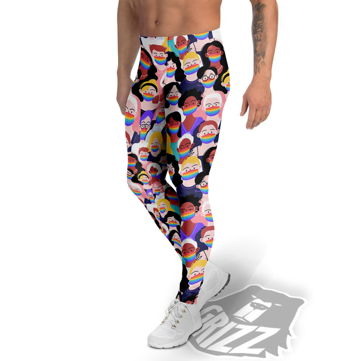 People And Rainbow Face Masks Print Pattern Men's Leggings-grizzshop