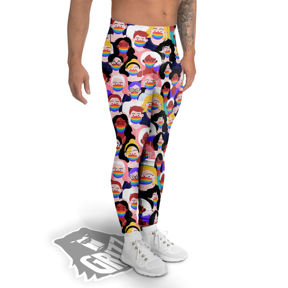 People And Rainbow Face Masks Print Pattern Men's Leggings-grizzshop