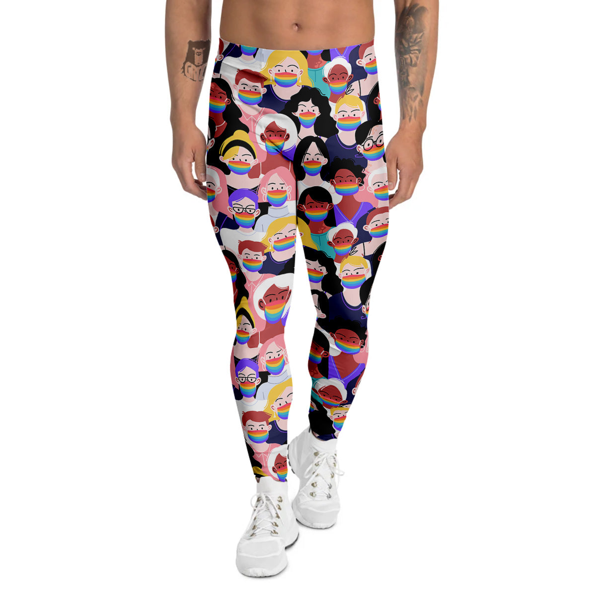 People And Rainbow Face Masks Print Pattern Men's Leggings-grizzshop