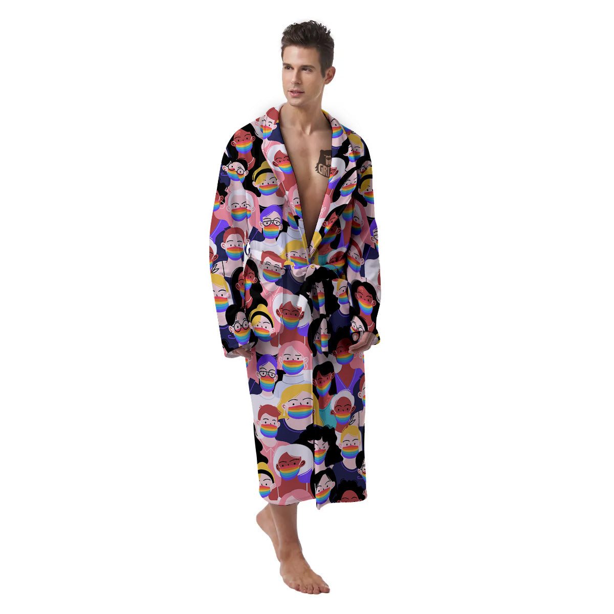 People And Rainbow Face Masks Print Pattern Men's Robe-grizzshop