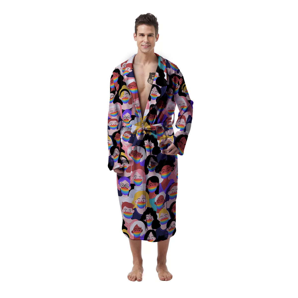 People And Rainbow Face Masks Print Pattern Men's Robe-grizzshop