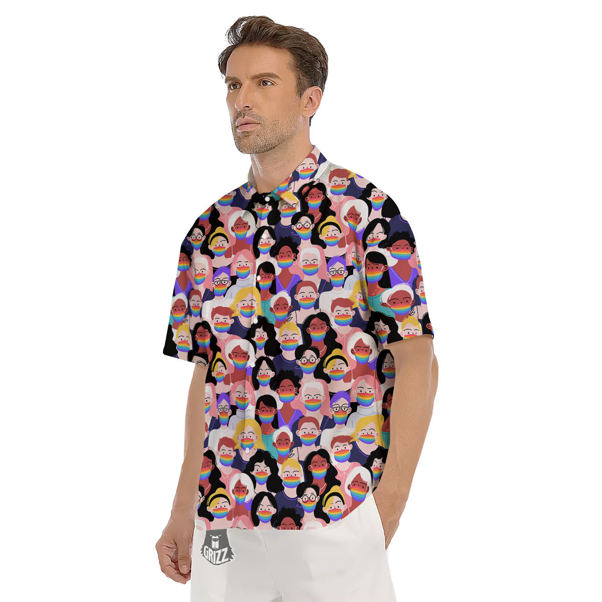 People And Rainbow Face Masks Print Pattern Men's Short Sleeve Shirts-grizzshop