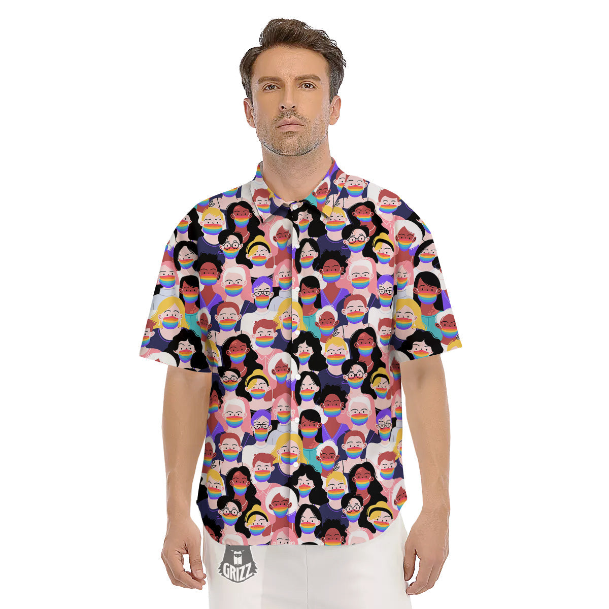 People And Rainbow Face Masks Print Pattern Men's Short Sleeve Shirts-grizzshop