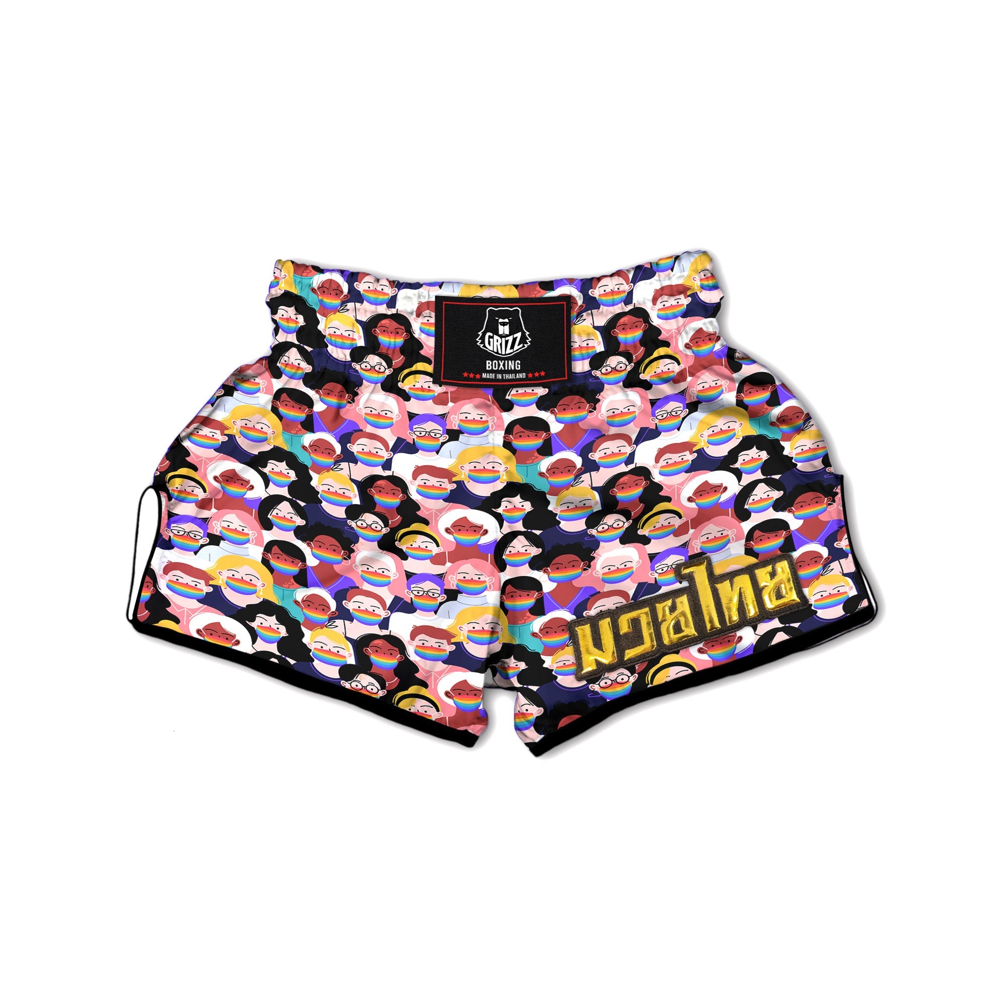 People And Rainbow Face Masks Print Pattern Muay Thai Boxing Shorts-grizzshop