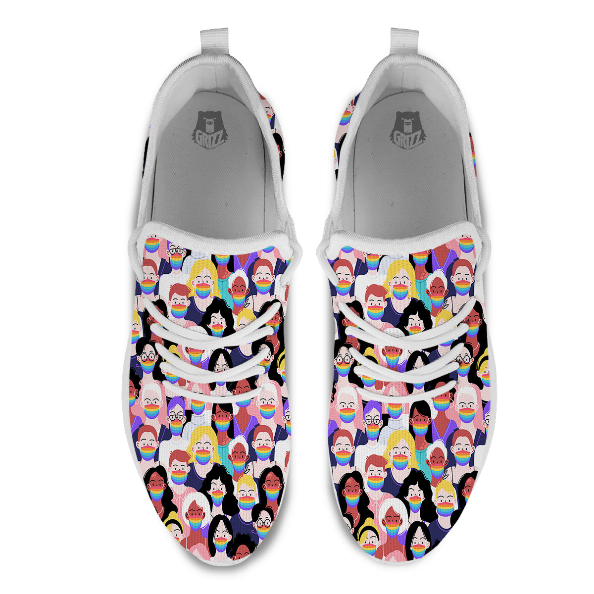 People And Rainbow Face Masks Print Pattern White Athletic Shoes-grizzshop