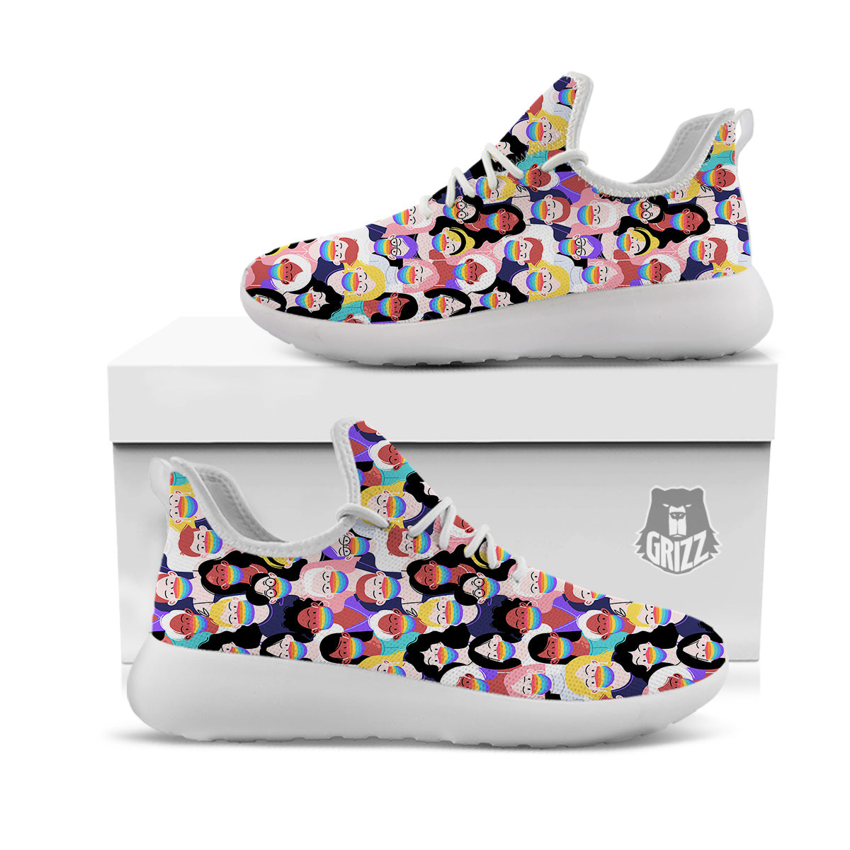 People And Rainbow Face Masks Print Pattern White Athletic Shoes-grizzshop