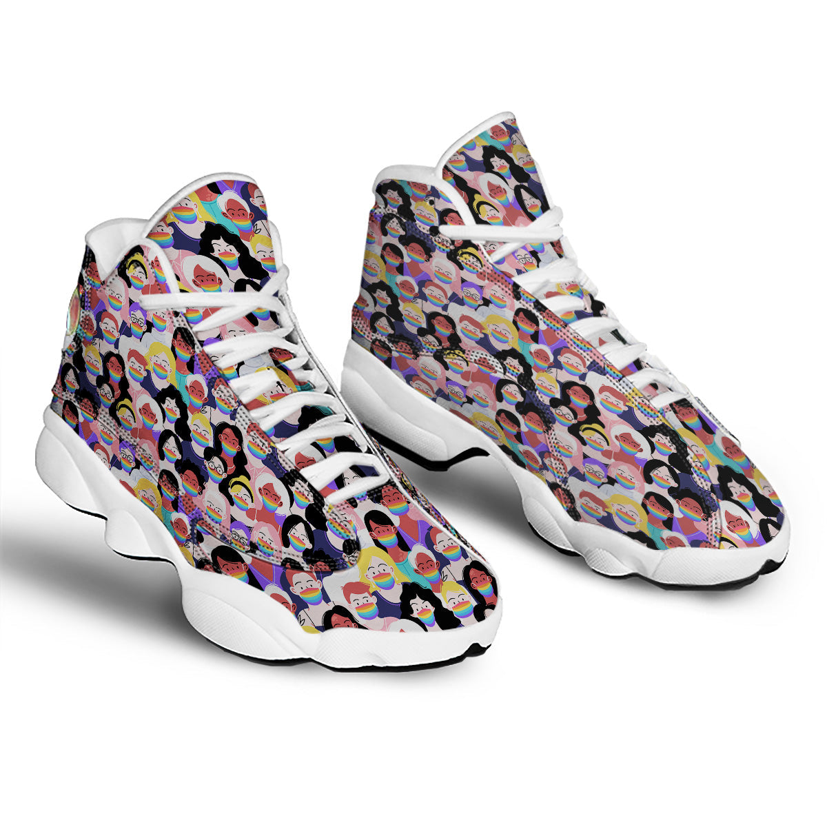 People And Rainbow Face Masks Print Pattern White Basketball Shoes-grizzshop