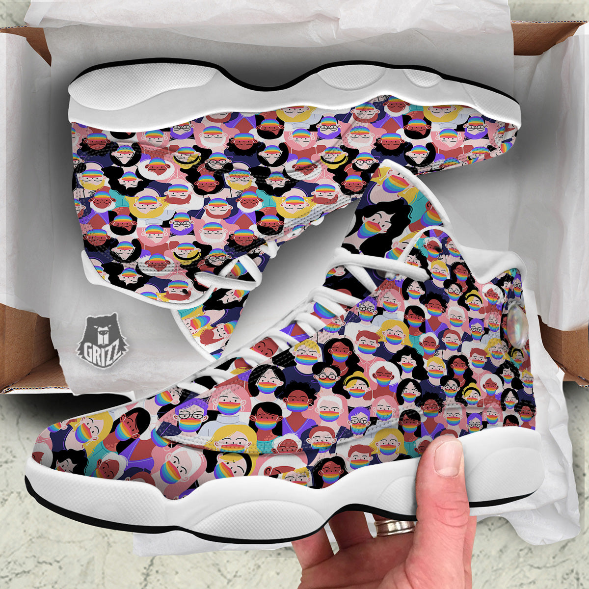 People And Rainbow Face Masks Print Pattern White Basketball Shoes-grizzshop