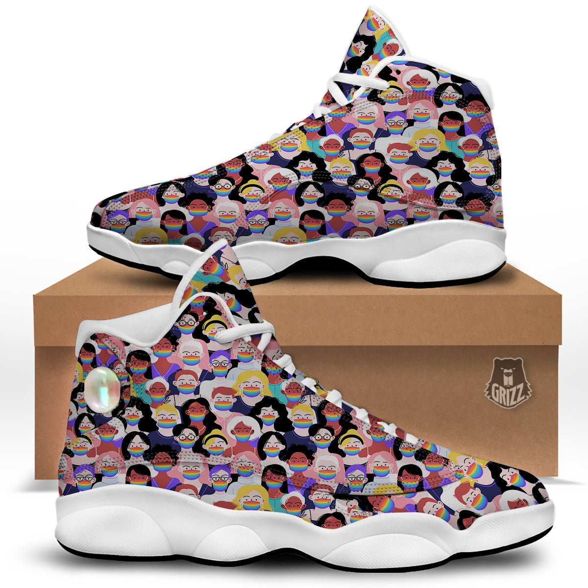 People And Rainbow Face Masks Print Pattern White Basketball Shoes-grizzshop