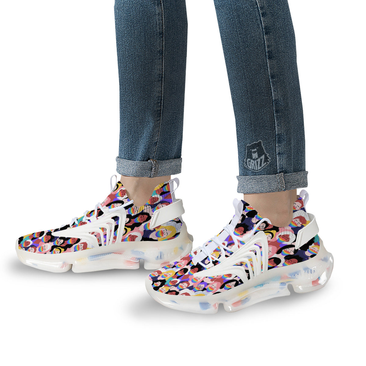 People And Rainbow Face Masks Print Pattern White Gym Shoes-grizzshop