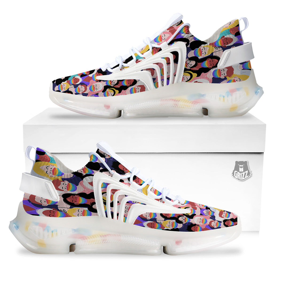 People And Rainbow Face Masks Print Pattern White Gym Shoes-grizzshop