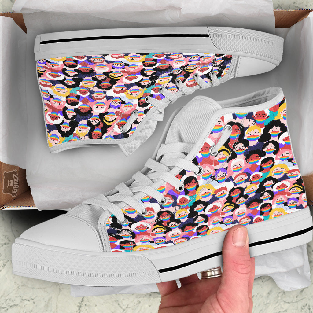 People And Rainbow Face Masks Print Pattern White High Top Shoes-grizzshop