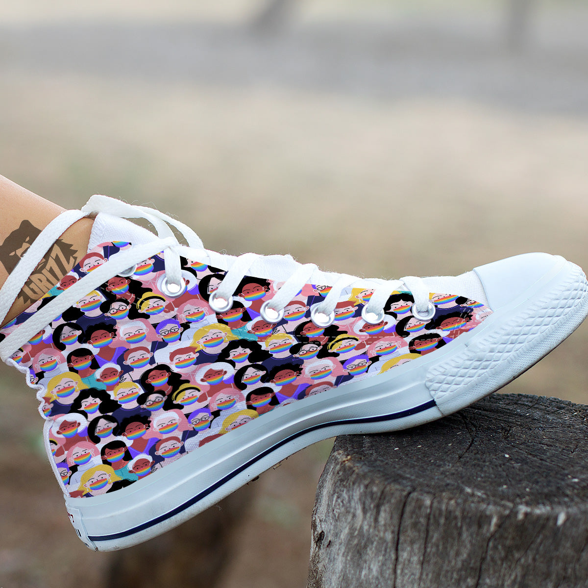 People And Rainbow Face Masks Print Pattern White High Top Shoes-grizzshop