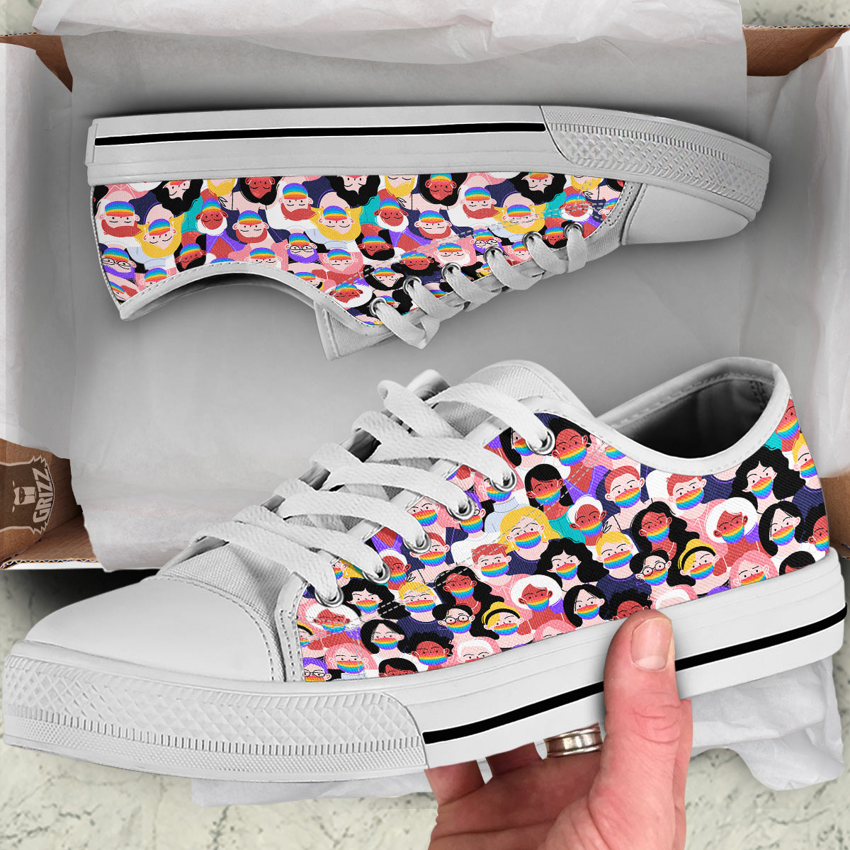 People And Rainbow Face Masks Print Pattern White Low Top Shoes-grizzshop