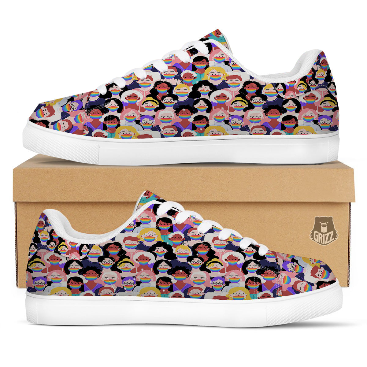 People And Rainbow Face Masks Print Pattern White Low Top Sneakers-grizzshop
