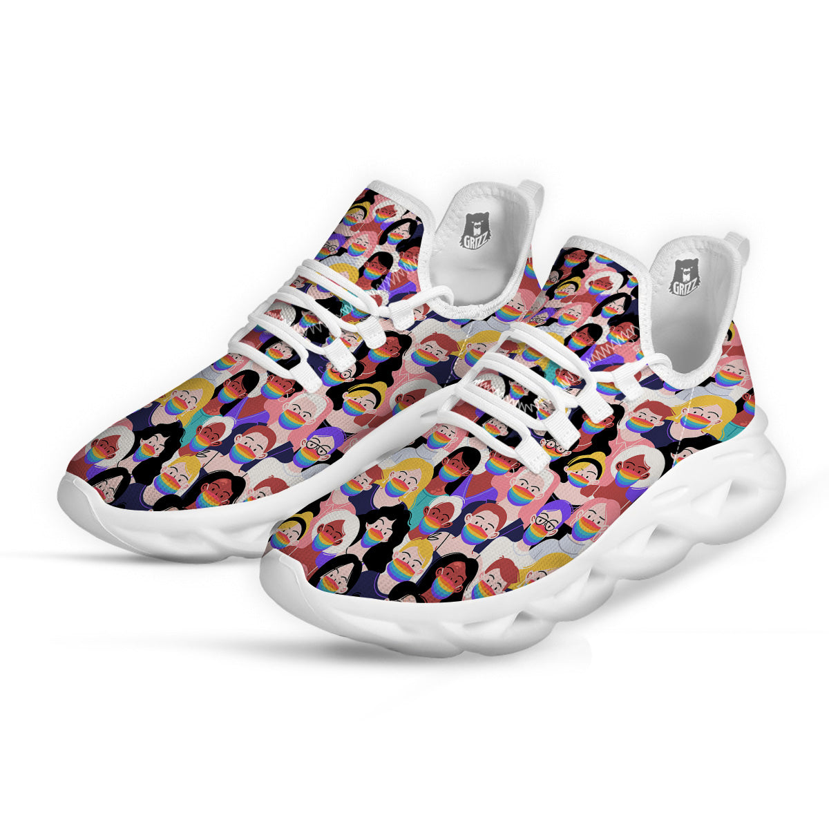People And Rainbow Face Masks Print Pattern White Running Shoes-grizzshop