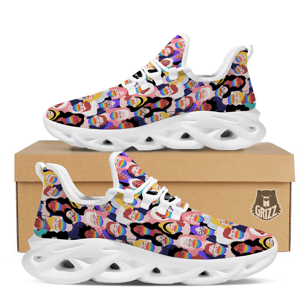 People And Rainbow Face Masks Print Pattern White Running Shoes-grizzshop