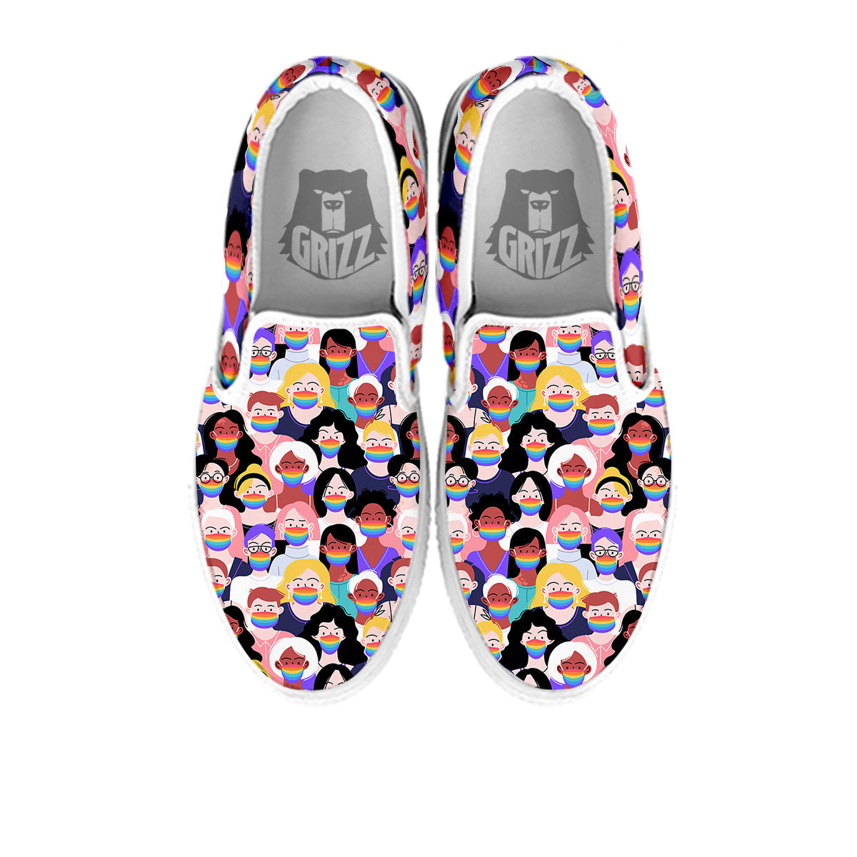 People And Rainbow Face Masks Print Pattern White Slip On Shoes-grizzshop