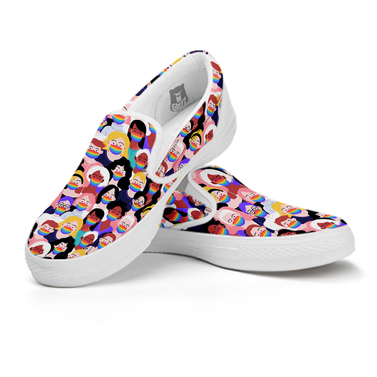 People And Rainbow Face Masks Print Pattern White Slip On Shoes-grizzshop